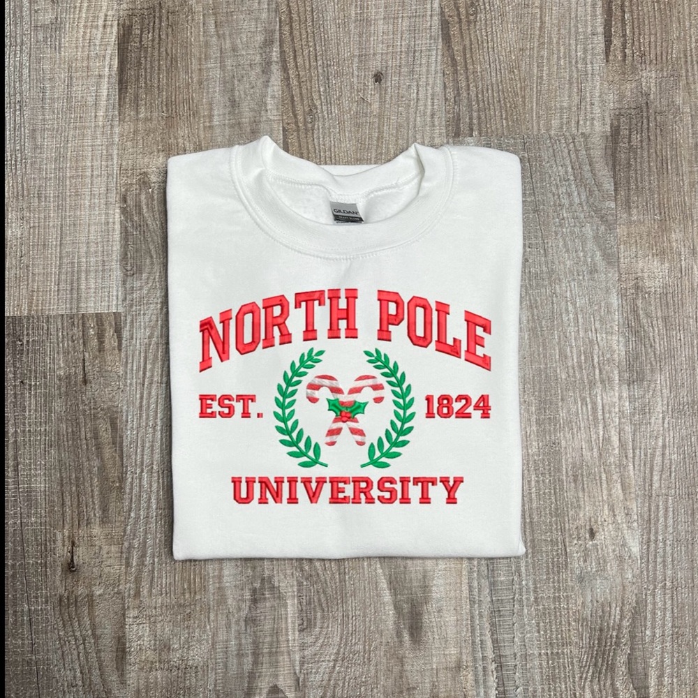 North Pole University embroidered crewneck sweatshirt, Christmas